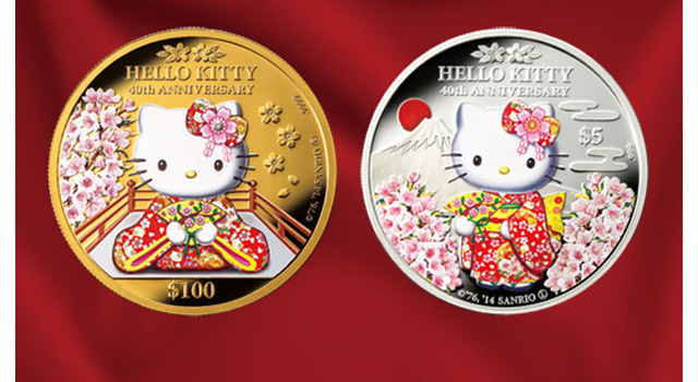 日本の桜とハローキティ―をモチーフにしたプルーフコイン（左：金貨、右：銀貨）。ハローキティ40周年を記念してI・E・Iより独占販売開始。